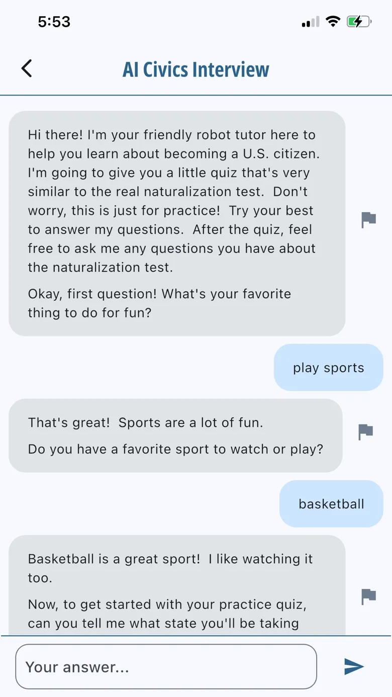 AI civics interview chat where the interviewer asks about favorite sports before the practice quiz