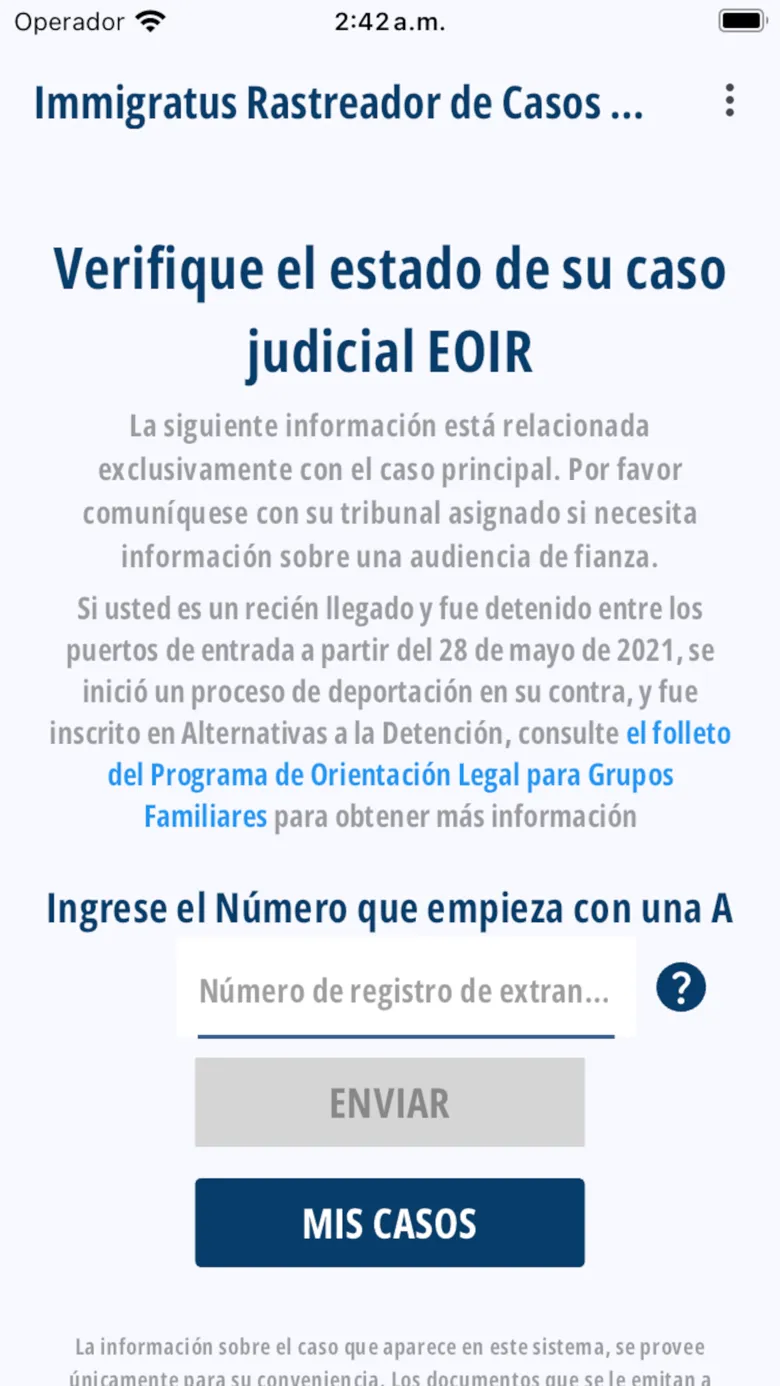 Pantalla para ingresar el número A titulada Verifique el estado de su caso judicial EOIR