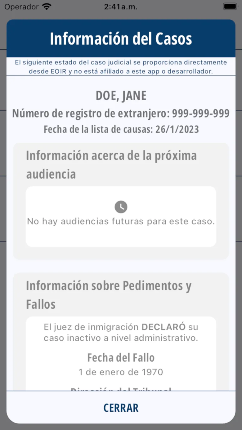 Información del caso en la corte de inmigración en la app