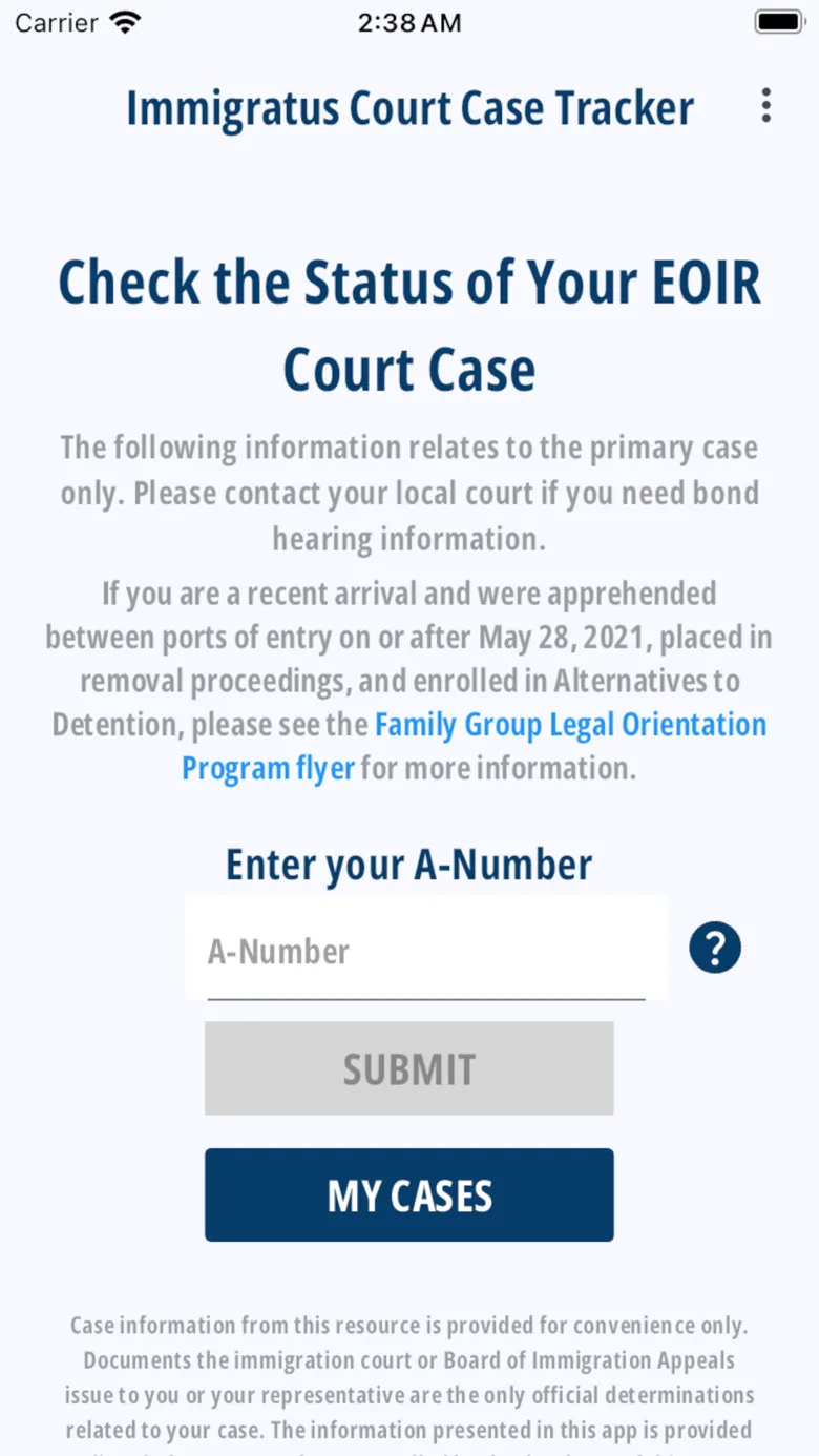 A-Number lookup screen titled Check the Status of Your EOIR Court Case