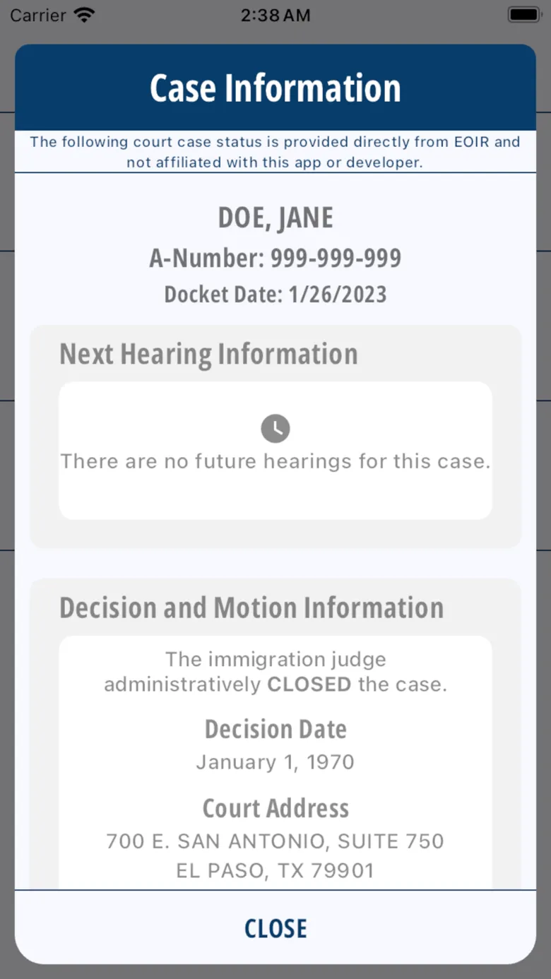 Case information screen showing next hearing information, decision and court address