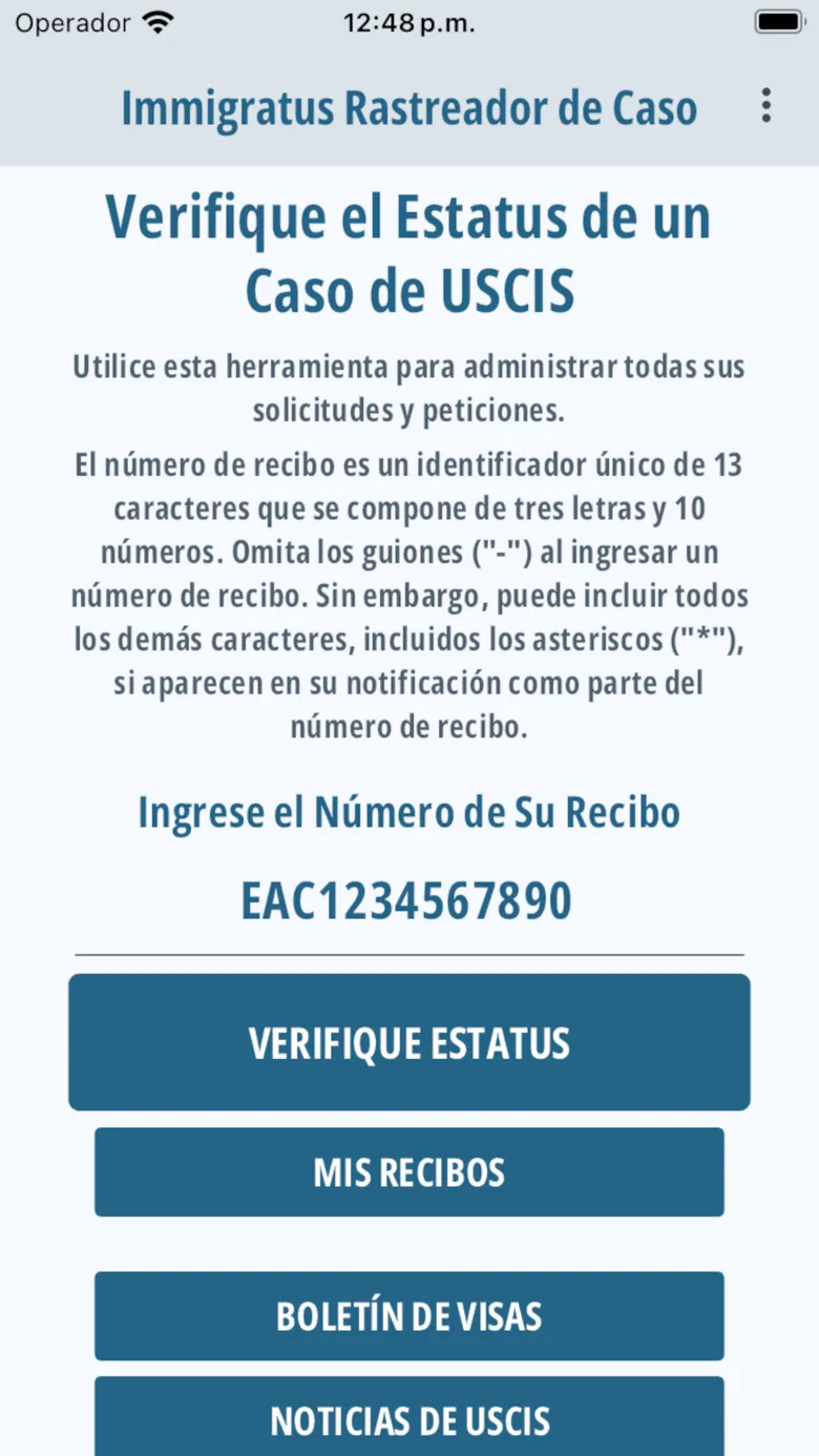 Pantalla para ingresar el número de recibo con botones para Mis recibos, Boletín de Visas y Noticias de USCIS