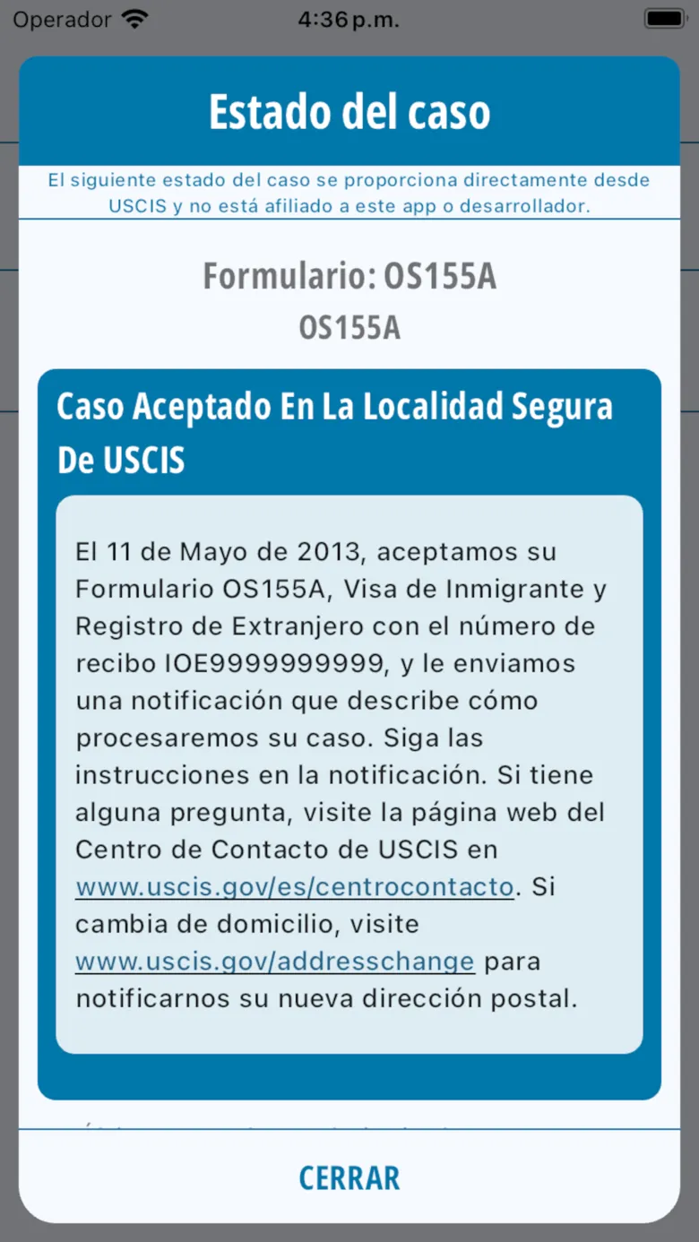 Estado del caso de USCIS en la app