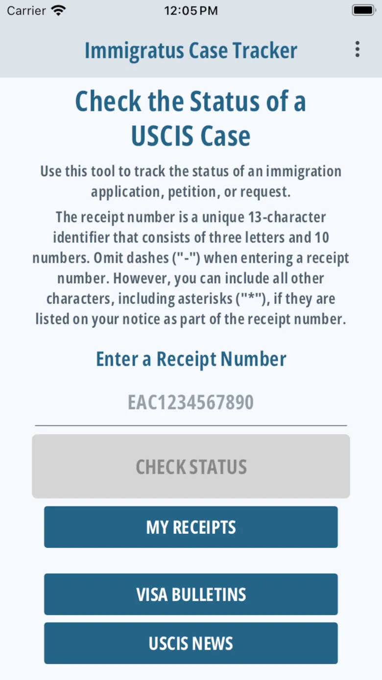 Receipt number lookup screen with buttons for My Receipts, Visa Bulletins and USCIS News