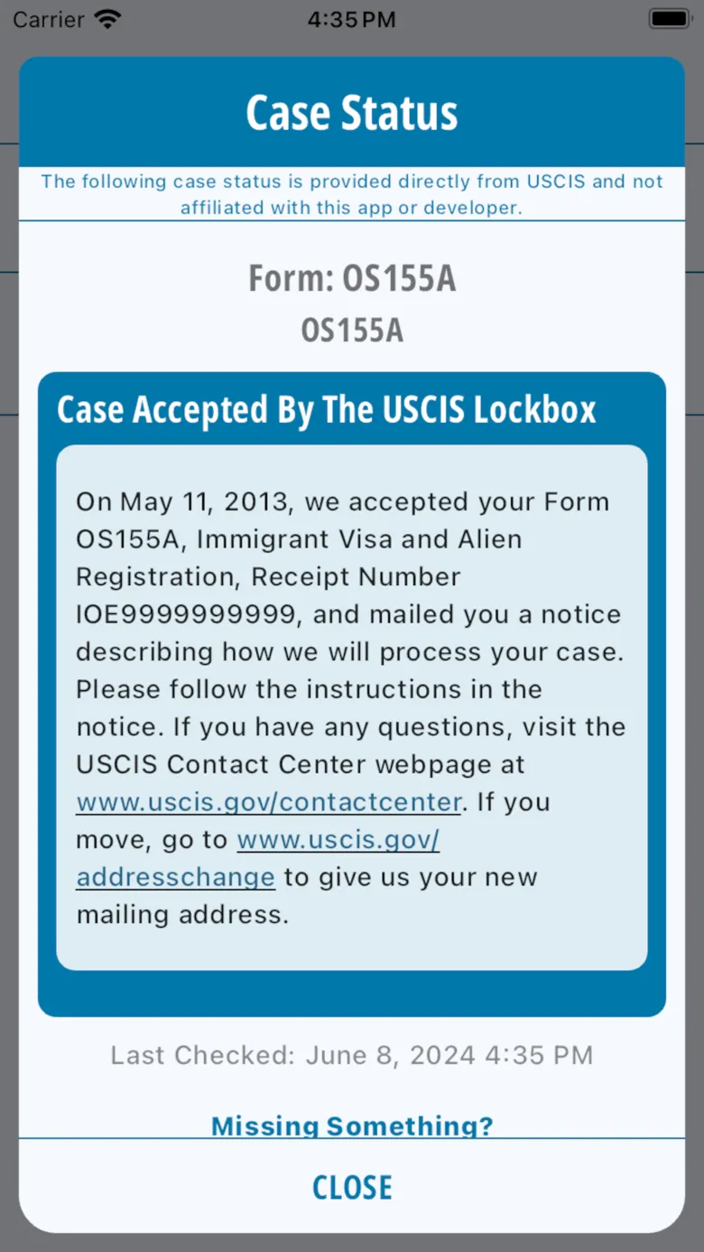 Case status screen showing Case Accepted By The USCIS Lockbox with the full status message